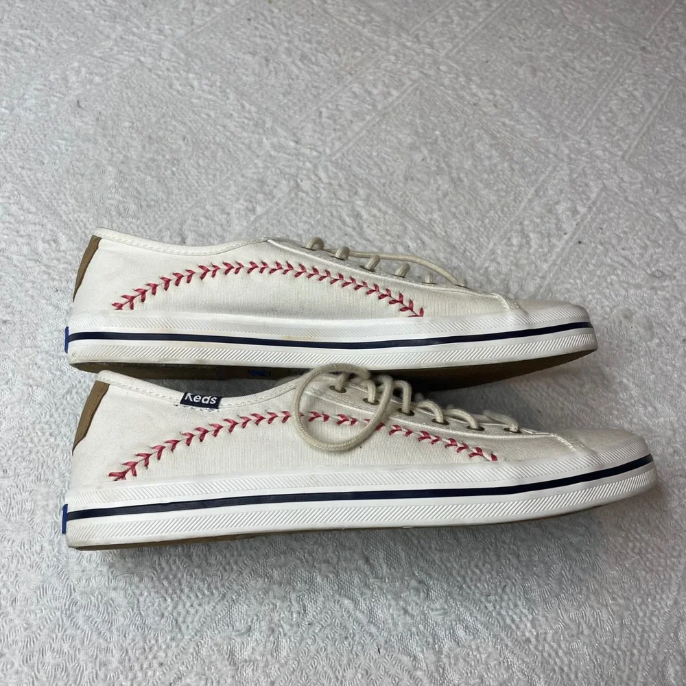 Keds Kickstart Baseball Canvas Sneakers Cream Red Stitching Womens Shoes
